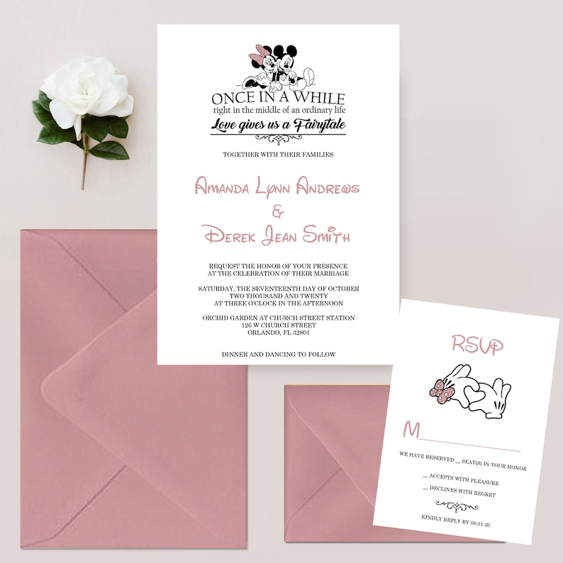 Mickey and Minnie Mouse Wedding Invitations, Mickey and Minnie Invite, Disney Invitation, Fairytale Wedding, Dusty Rose Invites immagine 1