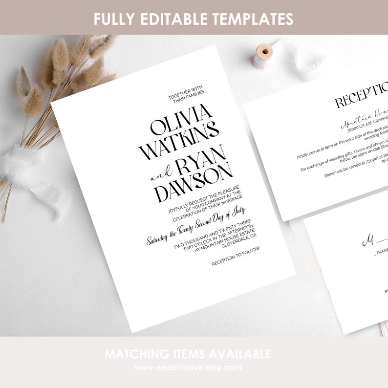 Minimal Wedding Invitation Template, Minimalist Wedding Invite Suite, Editable Template Wedding Invitations, Modern Invites image 2