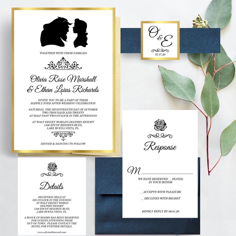 Disney Wedding Invitations, Elegant Gold Foil Invites, Disney Couple Silhouette Invite image 1