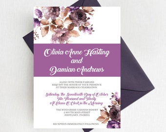 Rustic Lavender Watercolor Floral Wedding Invitation Suite, Romantic Rustic Floral Invitation Set, Boho Invitations, Printed Invites