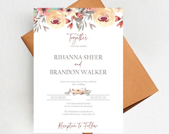 Rustic Autumn Floral Wedding Invitation Suite, Elegant Orange Fall Wedding Invitations, Printed Invites