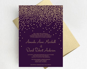 Gold and Purple Confetti Wedding Invitation Suite, Glitterry Confetti Invites, Modern Wedding Invitation Set, Printed Invitations