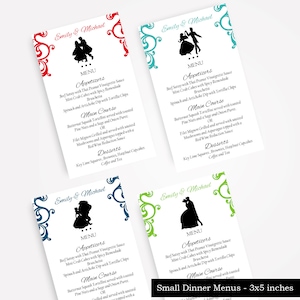 Menus de dîner de mariage conte de fées, Disney Couple Silhouette mariage Menus, Menus de réception - petite ou grande - imprimés et expédiés