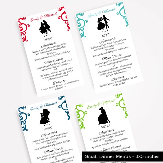 Fairytale Wedding Dinner Menus Disney Couple Silhouette Etsy