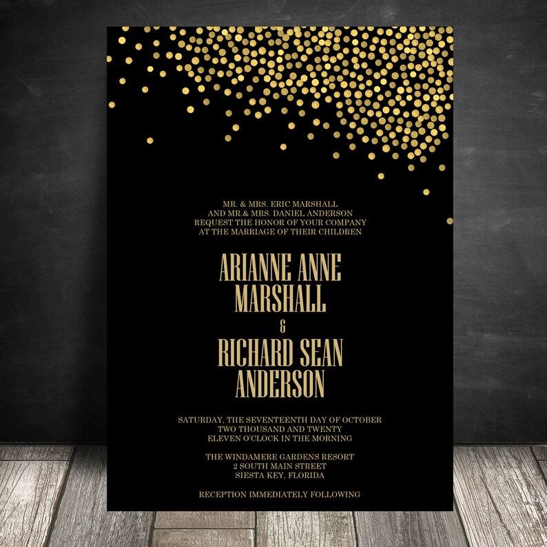 Black and Gold Confetti Wedding Invitation Suite Elegant Etsy