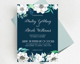 Navy and White Watercolor Anemone Floral Wedding Invitation Suite, Boho Chic Greenery Floral Invitation Set - DEPOSIT