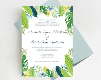 Tropical Palm Leaves Wedding Invitation Set, Tropical Greenery Wedding Invites, Beach Wedding Invitation Suite, Printed Invitations