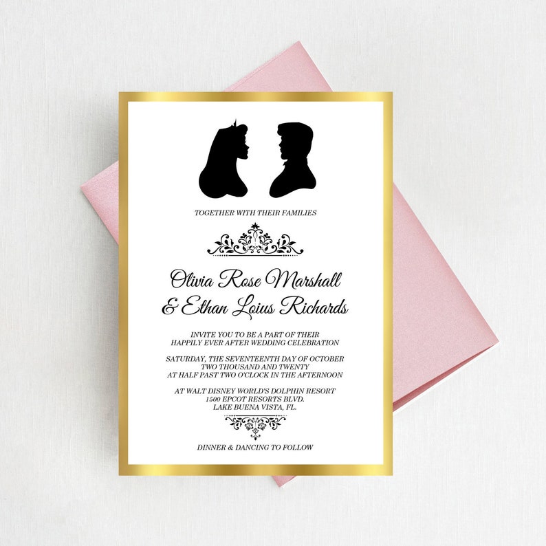 Disney Wedding Invitations, Elegant Gold Foil Invites, Disney Couple Silhouette Invite image 4
