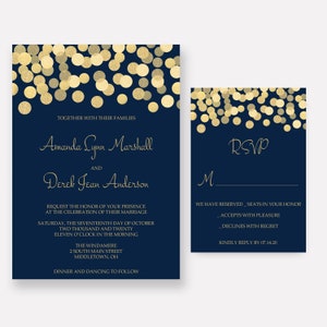 Navy and Gold Wedding Invitations, Gold Glitter Confetti Invites, Wedding Invitation Set - SAMPLE