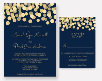 Navy and Gold Wedding Invitations, Gold Glitter Confetti Invites, Wedding Invitation Set - SAMPLE