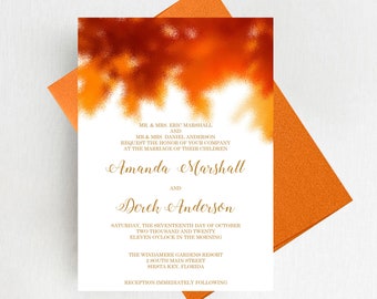 Fall Autumn Wedding Invitation Set, Fall Leaves, Watercolor Botanicals, Orange Fall Wedding Invitation Suite, Printed Invitations