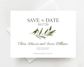 Minimalist Modern Greenery Save the Date Cards, Olive Greenery Save the Date for Wedding