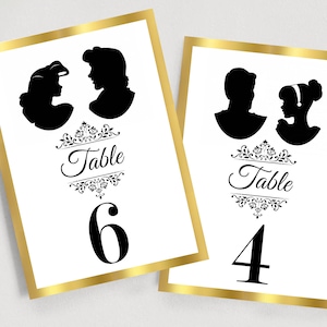 Números de mesa de casal da Disney, números de mesa de casamento dourados, casamento da Disney, cartões de mesa elegantes, silhuetas de casal da Disney