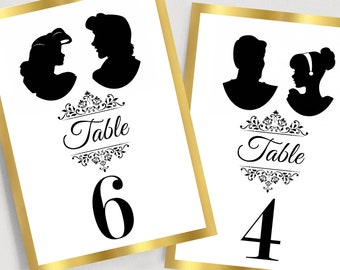 Disney Couple Table Numbers, Gold Wedding Table Numbers, Disney Wedding, Elegant Table Cards, Disney Couple Silhouettes