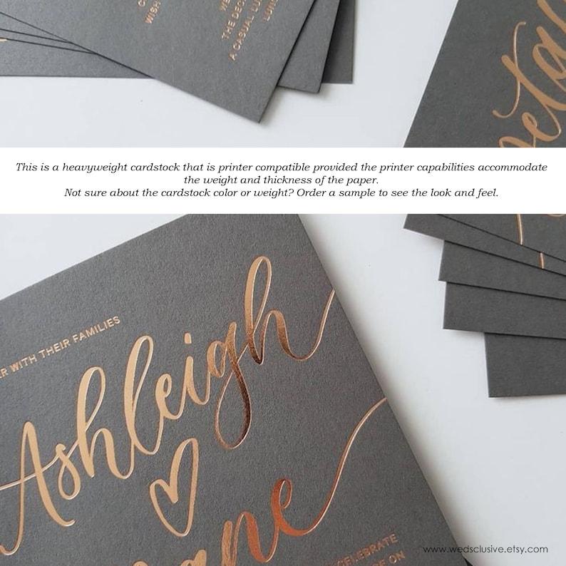 May include: Close-up of a stack of gray invitation cards with rose gold foil lettering. The text reads "Ashleigh & Jane" and "Celebrate with their families".
