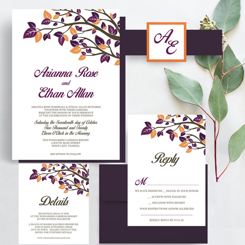 Fall Wedding Invitations Orange And Purple Wedding Invites Etsy