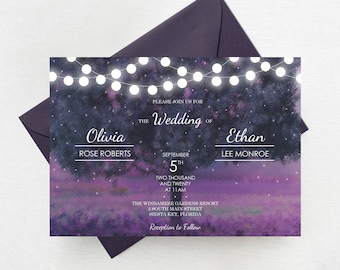 Rustic Purple String Lights Wedding Invitations, String Lights and Fire Flies Invitation, Rustic Oak Tree Country Invites