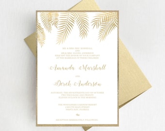 Gold Palm Tree Leaves Wedding Invitation Suite, Botanical Beach Wedding Invitation Set, Destination Wedding Invites, Printed Invitations