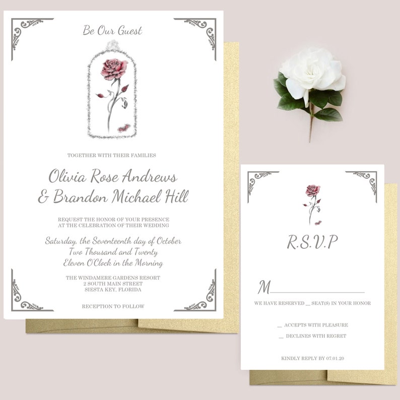 Enchanted Rose Beauty and the Beast Wedding Invitations, Disney Weddings, Fairytale Wedding Invite, Rose Wedding Invites image 2