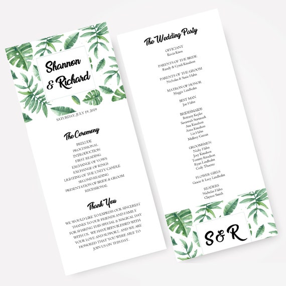 Tropical Wedding Programs Destination Wedding Ceremony Cards Botanicals Order Of Service Programs