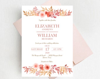 Boho Peach Floral Wedding Invitations, Boho Wedding Invitation Set, Peachy Pink Floral Wedding Invites, Wedding Invite Suite