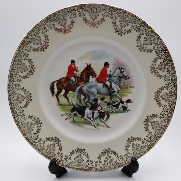 Commemorative Fox Hunting Round Plate Horses & Hounds UK Freemasons Lodge 5206 Vintage