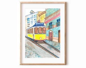 Lisbon Tram Watercolor Print, Portugal Travel Illustration (Digital Download)