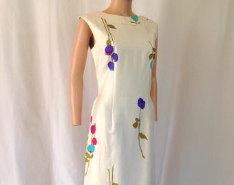1960's Ivory Silk Wiggle Dress Floral Print 30" w