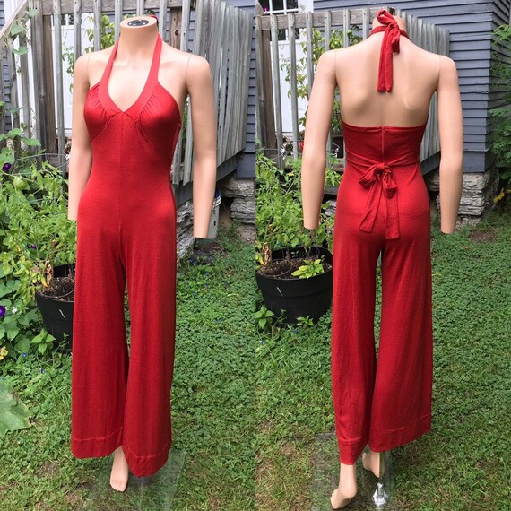1970's Cimarron Nylon Halter Bell Bottom Jumpsuit