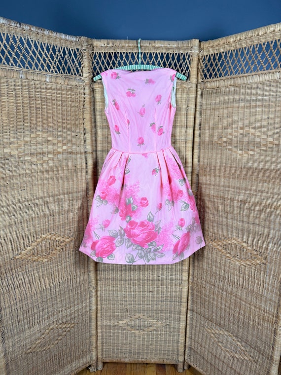 1960’s Pink Rose Print Dress Chiffon Pink Overlay 