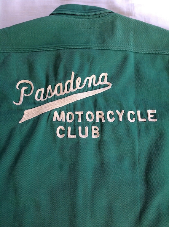 1950 Club ' s Pasadena Moto Club 1950 Heavyweight Gabardine chemise Sz. M 72e120 1950 Club ' s Pasadena Moto Club 1950 Heavyweight Gabardine chemise Sz. M 72e120