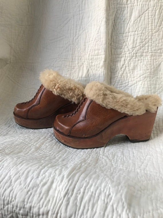1970’s Shearling Lined Leather & Wood Platform Clo