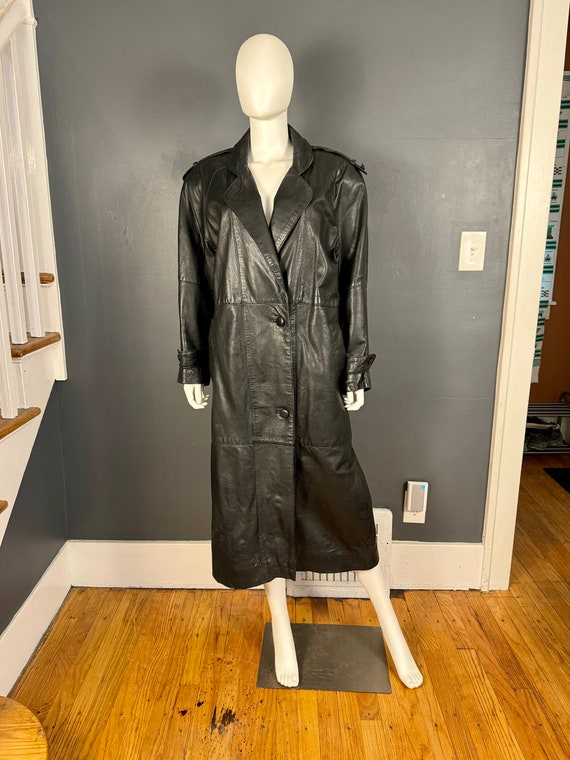 1980’s Long Black Leather Overcoat sz S