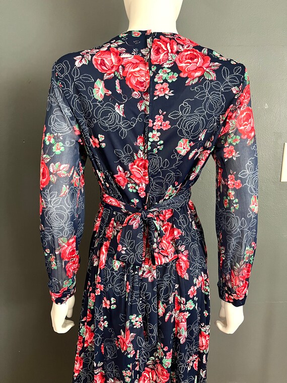 70s Red Abstract Print Semi Sheer Dress S/M