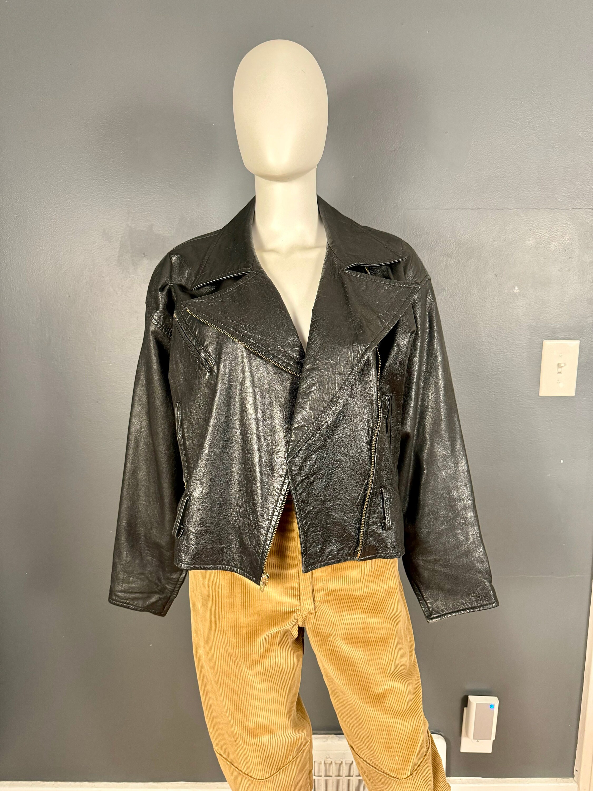 1990's Cropped Leather Motorcycle Jacket Sz L - Etsy Canada