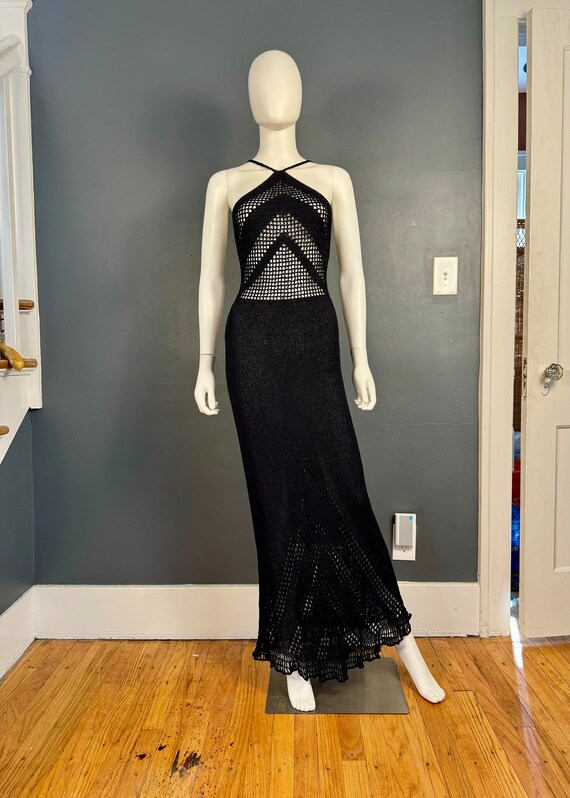 1970’s Black Crocheted Maxi Halter Dress sz S - image 1