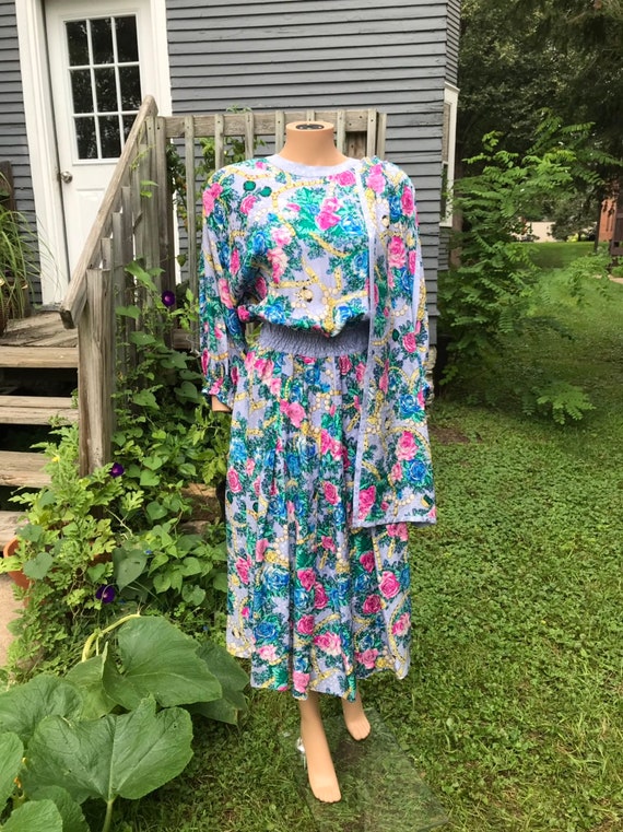 1980's Jewelry & Rose Print Silk Dress sz S/M
