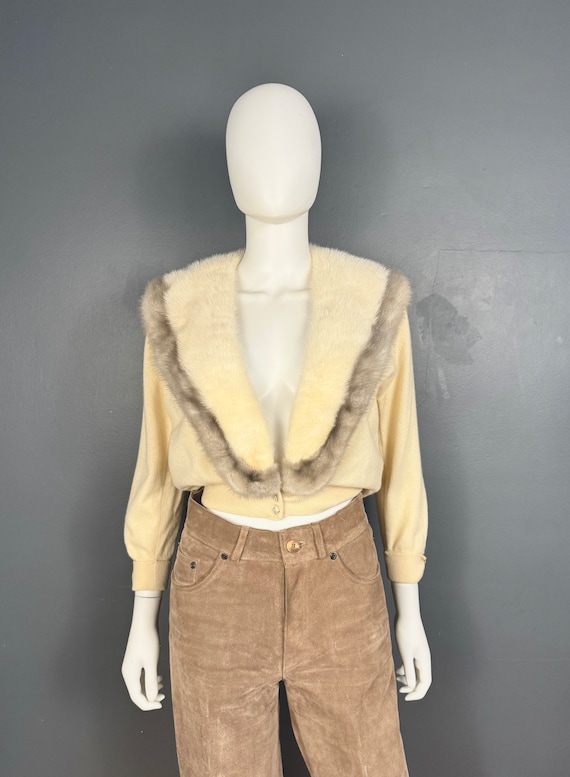 1950’s Cashmere Cardigan 2 Tone Mink Fur Collar sz