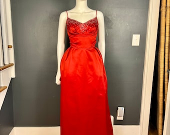 Early 1960’s Red Satin Rhinestone Bust Formal Gown sz XXS