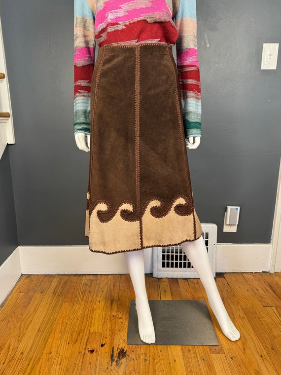 1970’s Handmade Patchwork Suede Wave Skirt 27” - image 4