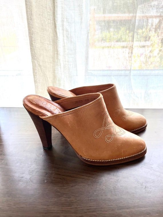 1970’s Nine West Leather Western Style Mules Wood 