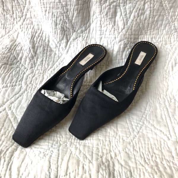 Prada Black Silk Pointed Square Toe Mules sz 37