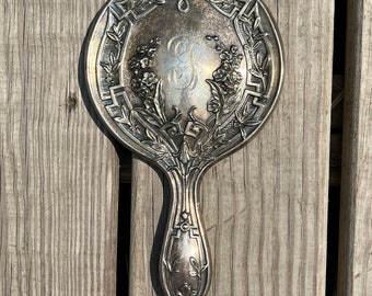 Antique Silver Plate Hand Mirror Ornate Design