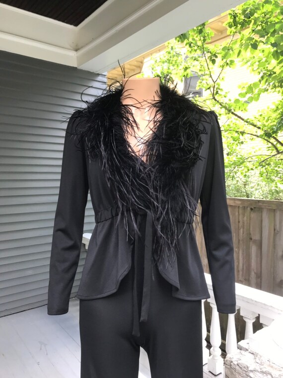 1970's Nylon Halter Jumpsuit & Boa Feather Trim Ja
