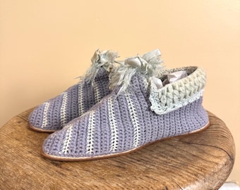 Victorian Crocheted Slipper Booties Leather Soles sz 5