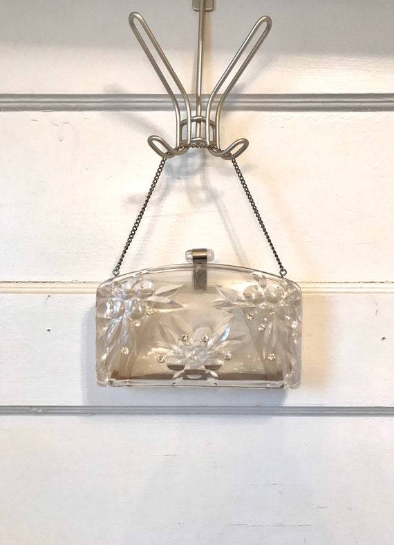 1950’s Clear Carved Lucite & Rhinestone Handbag