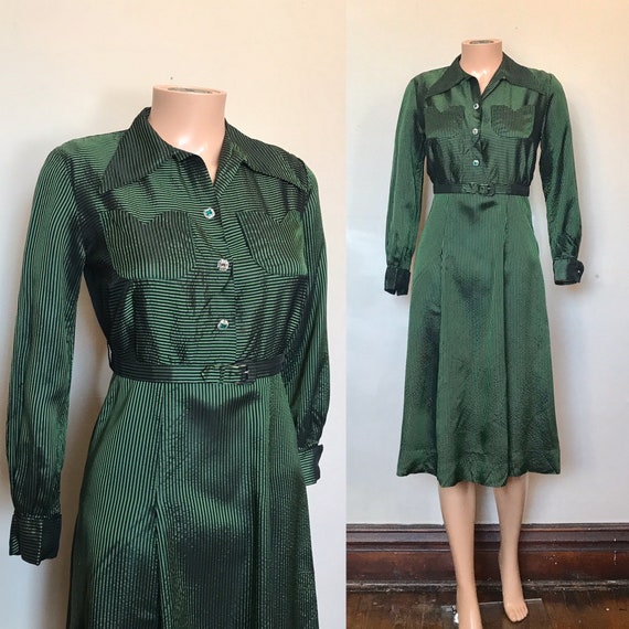 1930’s Green & Black Pinstriped Satin Dress sz S
