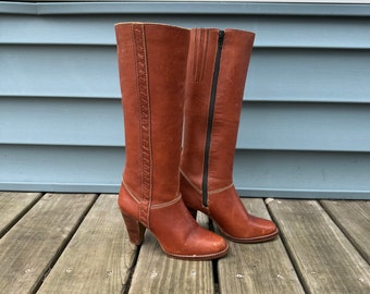 1970’s Leather Knee High Boots Stack Wood Heel sz 6