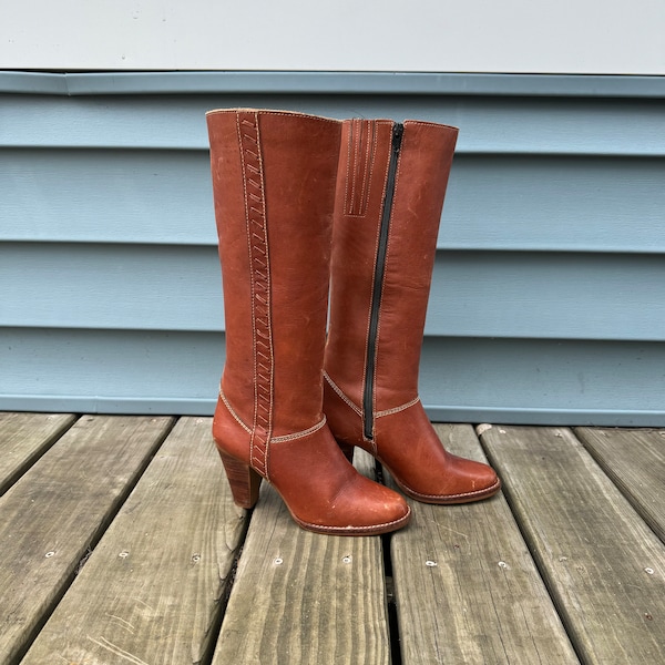 1970’s Leather Knee High Boots Stack Wood Heel sz 6