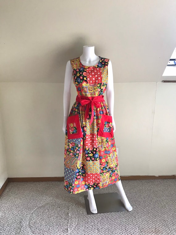 1970’s Patchwork Print Pinafore Wrap Dress sz M